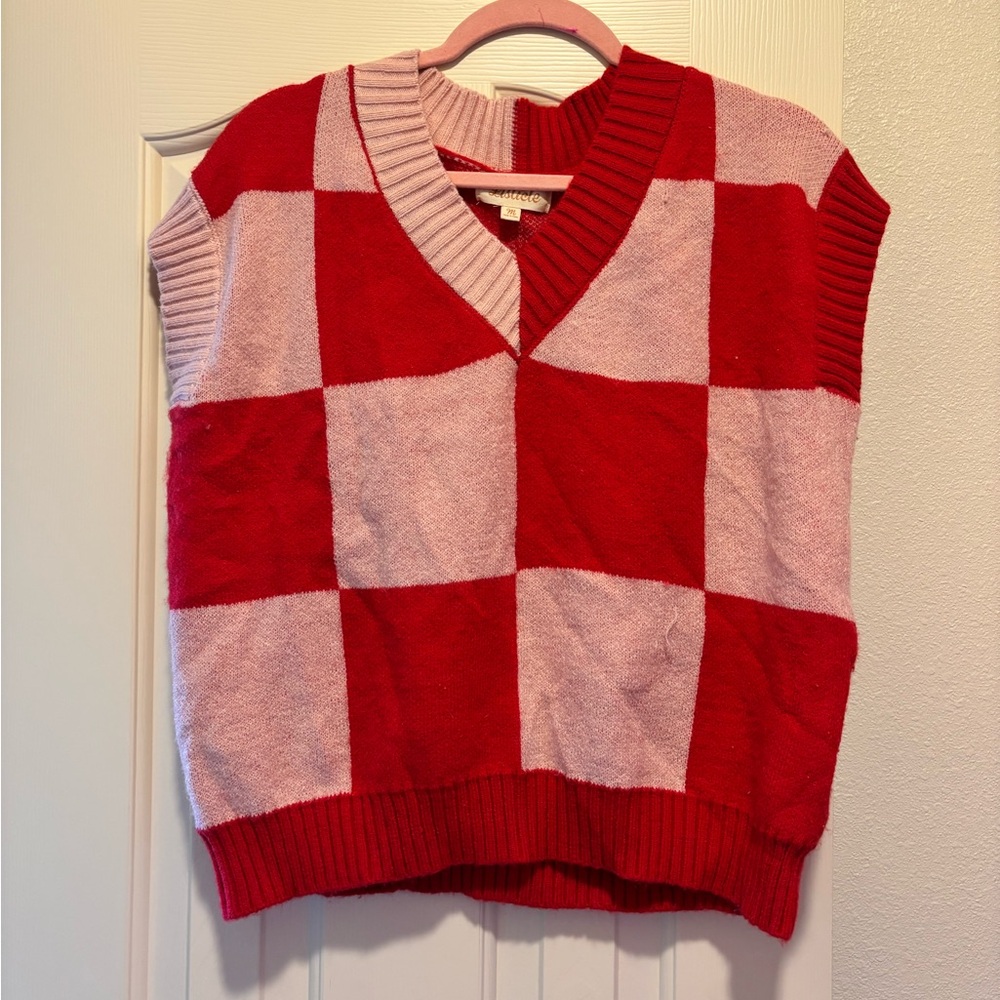 Listicle Red and Pink Checkerboard V-Neck Sweater Vest